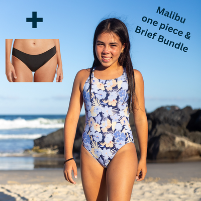 Malibu teen period swimsuit and Azure teen period swim brief