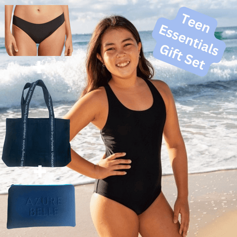 Teen Essentials Gift Set: one piece swimsuit, bikini brief, tote bag, neoprene pouch