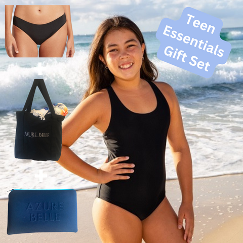 Teen Essentials Gift Set: one piece swimsuit, bikini brief, tote bag, neoprene pouch