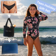 Teen Holiday Gift Set - long sleeve swimsuit, brief, tote bag, neoprene pouch